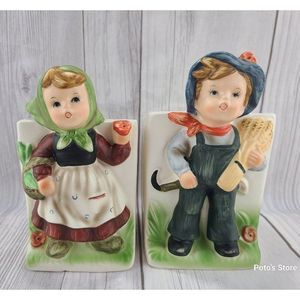 Pair Vintage Landmark Designs Hummel Style  Ceramic Girl/Boy Planter Harvest